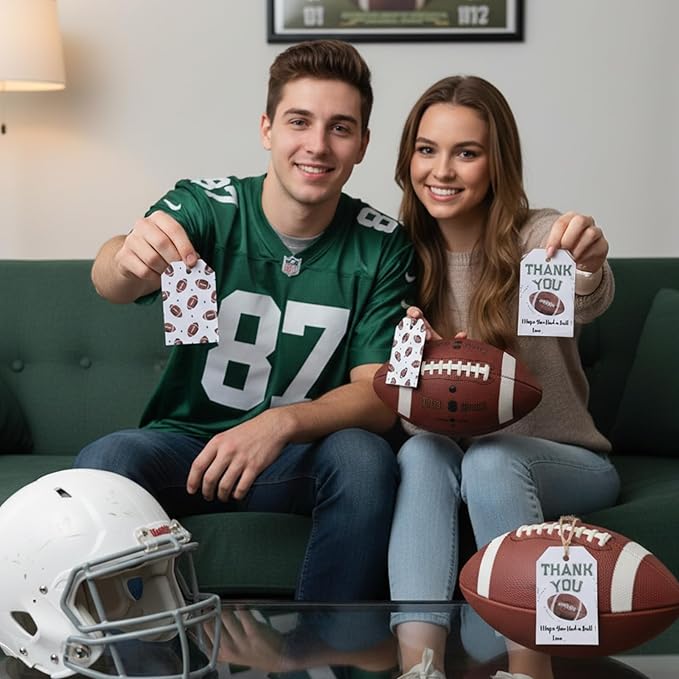 50Pcs Football Thank You Tags, Rugby Birthday Party Favor Thank You Sport Themed Party Hang Tags for Gifts Wrapping Craft Birthday Decorations
