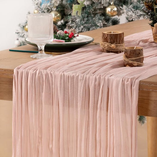 MLMC Pink Table Runner Boho Cheesecloth Table Runner 10ft Rustic Dusty Pink Gauze Cheese Cloth Centerpiece Decor 35x120 Inches for Wedding Bridal Baby Shower Birthday Party Decor