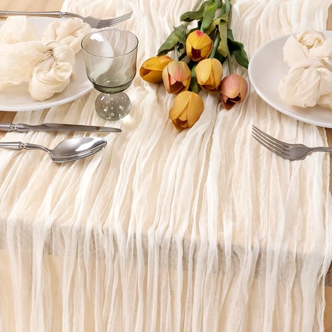 MLMC 12 Pack Ivory White Cheesecloth Table Runner Rustic Gauze White Cheese Cloth Table Runner 10ft Boho Cheese Cloth Centerpiece 35x120 Inches for Dessert Anniversary Wedding Bridal Shower Decor