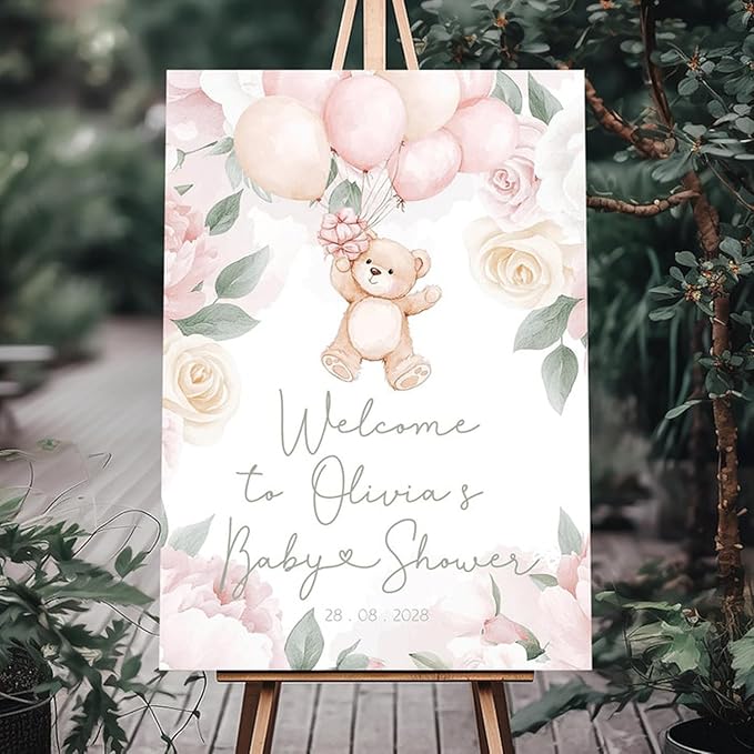 Pink Teddy Bear Baby Shower Welcome Sign, We can Bearly Wait Baby Shower Sign, Boho Teddy Bear Cute Baner #17