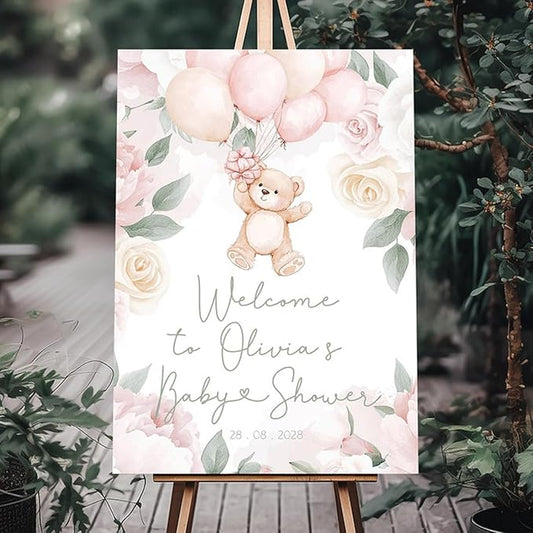 Pink Teddy Bear Baby Shower Welcome Sign, We can Bearly Wait Baby Shower Sign, Boho Teddy Bear Cute Baner #17