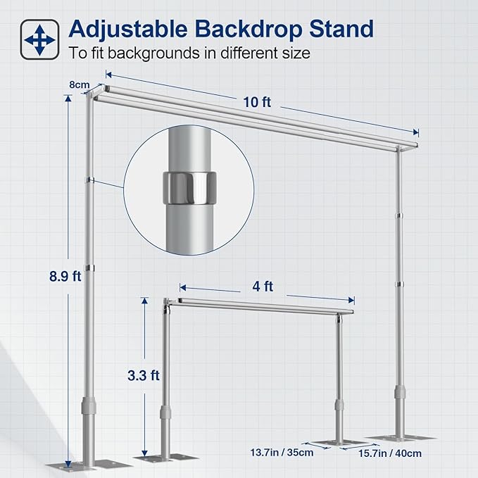 EMART Backdrop Stand Heavy Duty 10x10Ft, Double Crossbar Pipe and Drape Photo Background Support Kit, Adjustable Metal Frame with Flat Base for Wedding Birthday Party Decoration