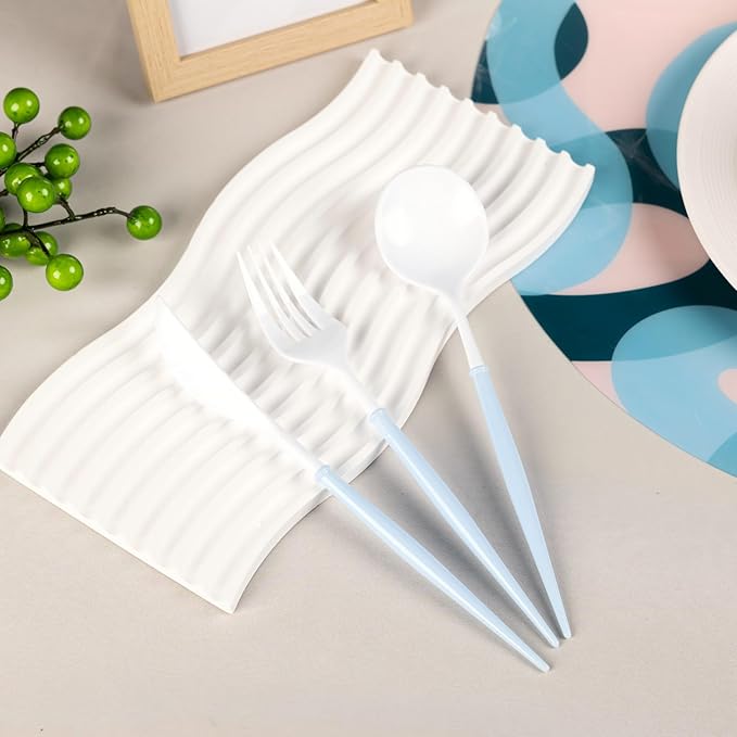 180PCS White Plastic Silverware with Blue Handle,Disposable Utensils Set Include 60 Forks,60 Knives,60 Spoons,Modern Heavy Duty Plastic Silverware Set for Party,Birthday,Wedding