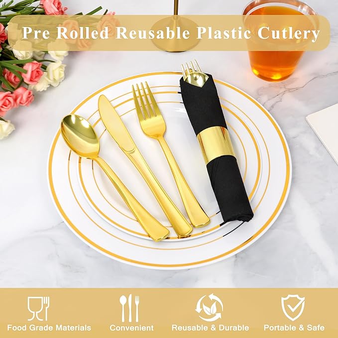 50 Pack Pre Rolled Gold Plastic Silverware Set,Wrapped Plastic Cutlery Set with Napkin Include 50 Forks,50 Spoons,50 Knives and 50 Black Napkins for Party, Wedding,Christmas