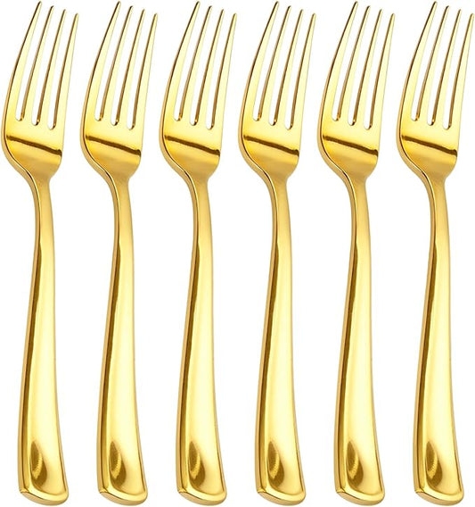 bUCLA 600PCS Gold Plastic Forks - 7.4inch Heavy Duty Plastic Forks Bulk Disposable for Party - Gold Silverware,Ideal for Weddings&Daily Using