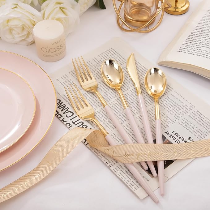 I00000 300 Pack Gold Silverware with Pink Handle, Pink Plastic Utensils Set, Disposable Cutlery include100 Forks, 100 Knives, 100 Spoons,Plastic Cutlery Set for Wedding & Party