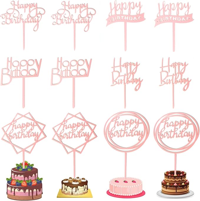 12 Pack Multi Styles Birthday Cake Topper Set, Acrylic Cake Bunting Decor Birthday Cake Picks Party Decorations Supplies(Pink)