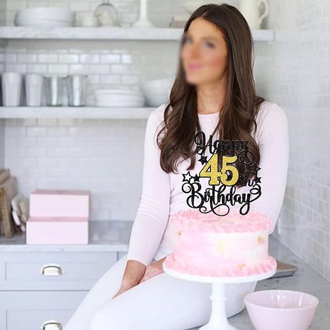 1 PCS Happy 45th Birthday Cake Topper Black Gold Glitter Cheers to 45 Years Birthday Cake Pick Hello 45 Fabulous Cake Decoration for Happy 45th Birthday Anniversary Party Decorations Supplies