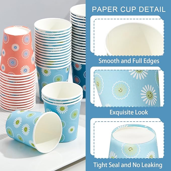 SIUQ 300 Pack 3 oz Paper Cups, Disposable Bathroom Cups, Small Mouthwash Cup, Hot/Cold Beverage Drinking Cups, Mini Paper Cups for Bathroom, Birthday Party, Travel, Events, Picnic, BBQ (Daisy)