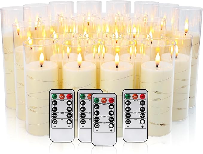24 Pack Acrylic Flameless Candles,with Embedded Star String, Battery Operated Candles Flickering LED Pillar Candles with Remote Control and Timer, Ideal for Indoor/Outdoor Decor,Wedding,BBQ and Gift.