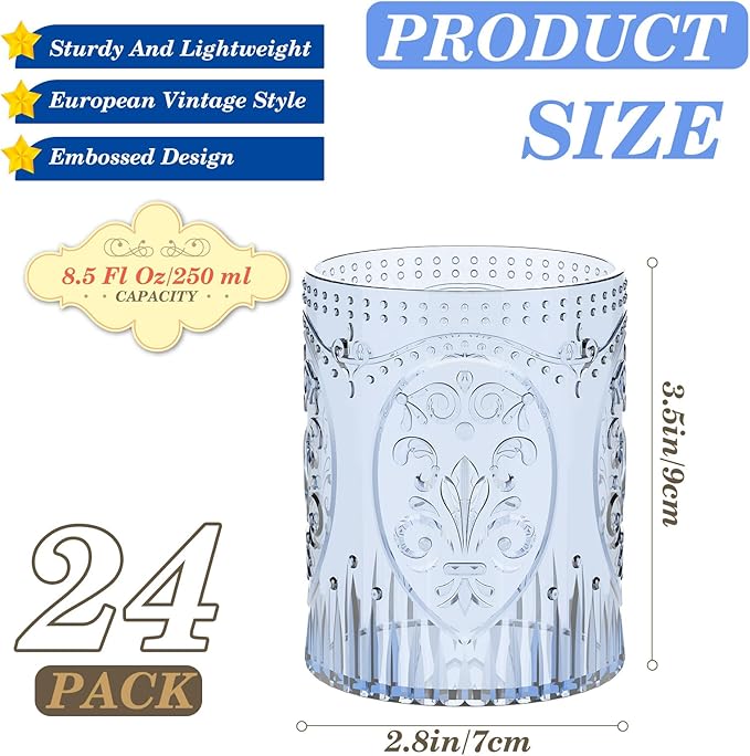 24 Plastic Vintage Drinking Glasses 8.5oz Stemless Retro Embossed Wine Glasses Shatterproof Reusable Cups for Baby Shower Wedding Reception Grand Event Party (Blue)