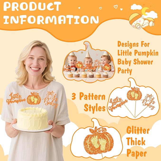 Little Pumpkin Cupcake Toppers, 24 Pcs Glitter Pumpkin Cupcake Picks Little Pumpkin Baby Shower Decorations Little Pumpkin Baby Shower Party Supplies