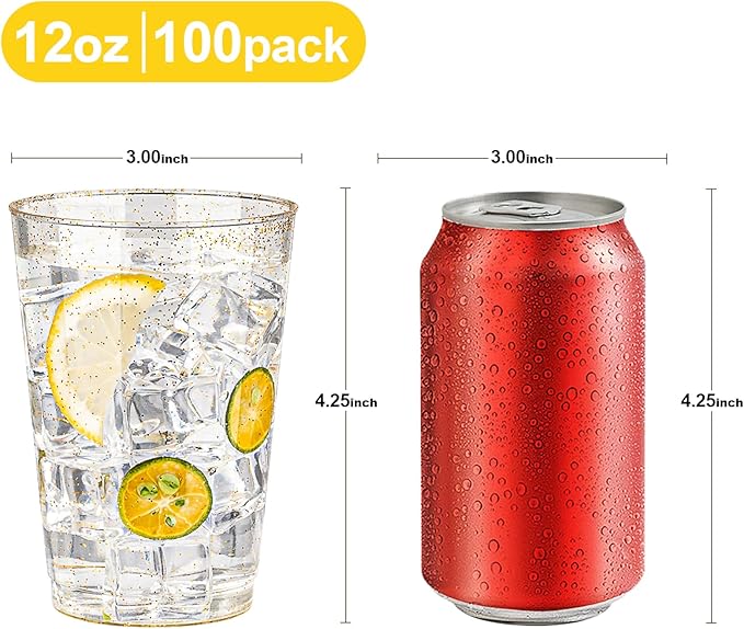 BESTVIP 12oz Gold Glitter Disposable Cups, 100 Pack Gold Plastic Cups, Heavy-duty Party Cocktail Glasses for Christmas, Plastic Cups for Party, Holiday, Wedding and Birthday
