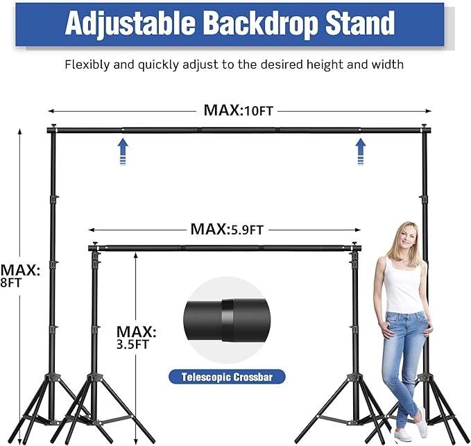 Backdrop Stand 10 x 8 FT for Photography Studio, Telescopic Adjustable Background Stand for Parties, Photoshoot Backdrop Stand with Spring Clamps, Sandbags, Carry Bag