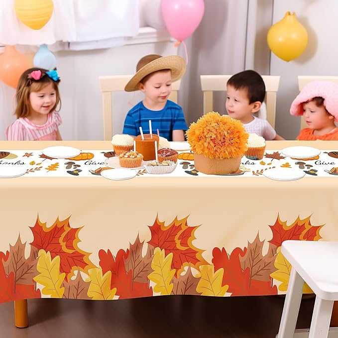 Childom Thanksgiving Tablecloth, 3 Pack Disposable Plastic Tablecloth 54" x 108" Thanksgiving Decorations, Autumn Maple Leaf Party Table Cover, Fall Harvest Party Decor for Outside,Picnic,Home,Dinner