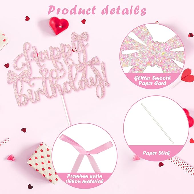 6 PCS Bow Cake Toppers Pink Bow Birthday Decorations Coquette Birthday Decorations Bows for Cake Wedding Party High Footed Cup Balloons Anniversary Party Supplies