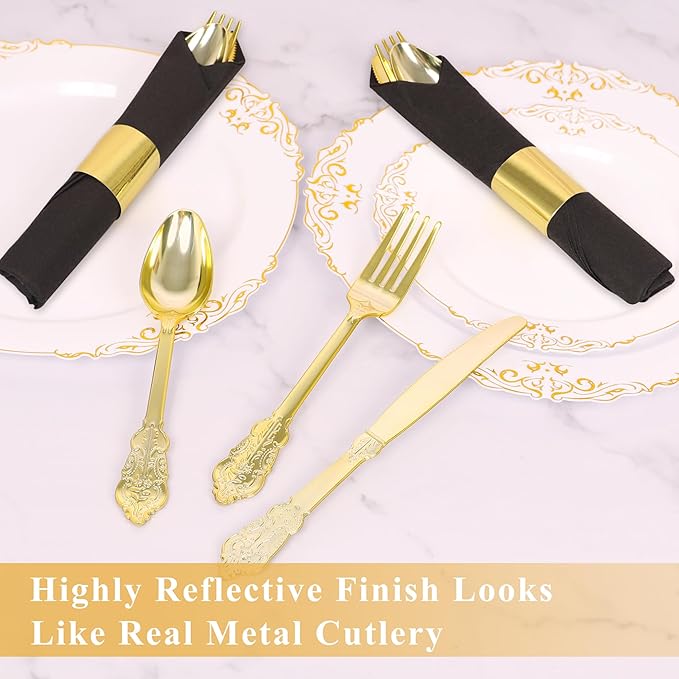 50 Pack Pre Rolled Gold Plastic Silverware Set,Fancy Wrapped Plastic Cutlery Set with Napkin Include 50 Forks,50 Spoons,50 Knives and 50 Black Napkins for Party, Wedding,Christmas