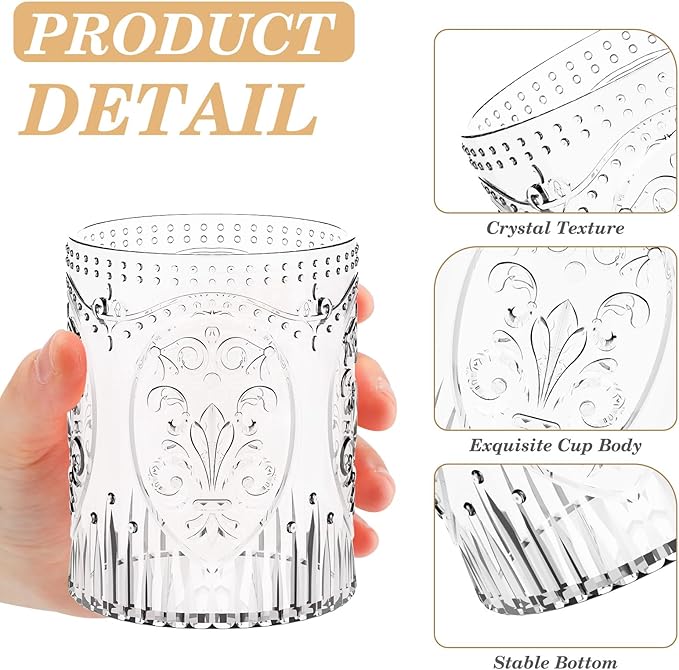100 Plastic Vintage Drinking Glasses 8.5oz Stemless Retro Embossed Wine Glasses Shatterproof Reusable Cups for Baby Shower Wedding Reception Grand Event Party (Clear)