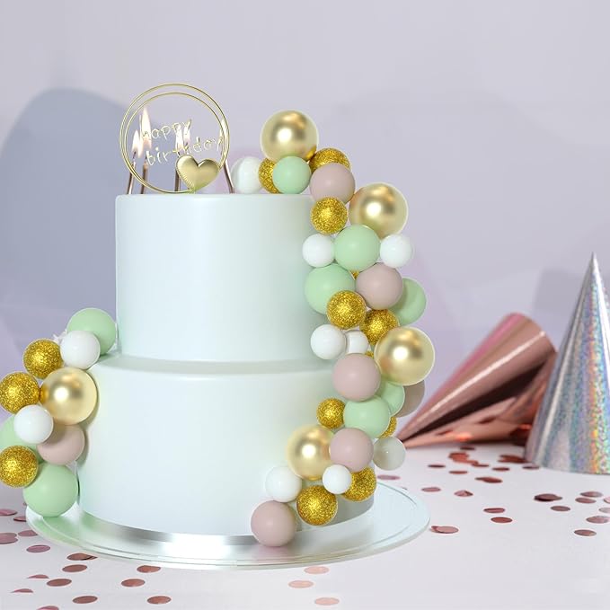 ASTARON 50 Pcs Ball Cake Topper Sticks Mini Balloons for Cake Decorating Supplies Foam Balls Cake decorations for Baby Shower Cake Birthday Cake Toppers Decorations (Light Brown，Green)