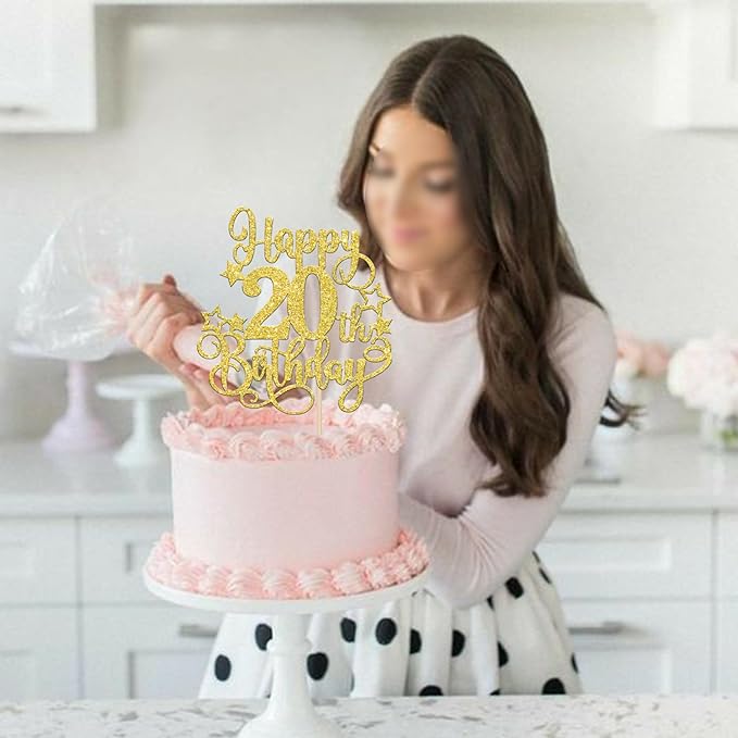 1 PCS Happy 20th Birthday Cake Topper Glitter Cheers to 20 Years Birthday Cake Pick Hello 20 Fabulous Cake Decoration for Happy 20th Birthday Anniversary Party Decorations Supplies Gold