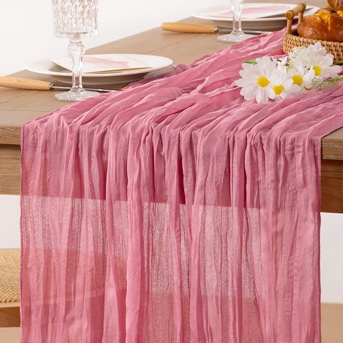 MLMC Mauve Pink Table Runner Cheesecloth Table Runner 10ft Sheer Rustic Gauze Cheese Cloth Decor 35x120 Inches for Wedding Party Bridal Shower Birthday Winter Decor
