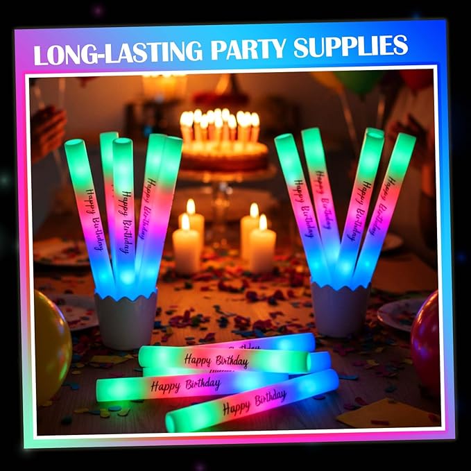 50 Pack Colorful LED Party Foam Light Sticks Batons with Triple Ribbon Birthday Glow Sticks with 3 Color Lighting Modes for Birthday Party, Guests Send Off, Christmas, Festivals
