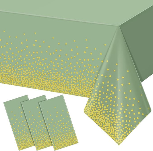 FunnyPars 3 Pack Sage Green and Gold Plastic Tablecloth, Green Disposable Table Cloth for Rectangle Tables, Gold Dot Light Green Tablecloth for Baby Shower Birthday Wedding Party Decorations, 54"x108"