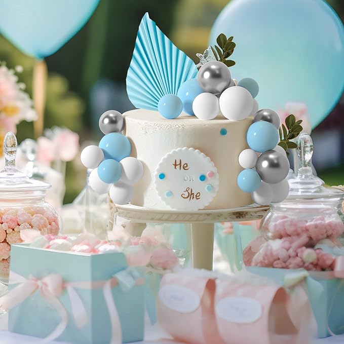 NEBURORA 64 Pcs Balls Cake Toppers and Leaves Decoration Set Mini Balloons for Cake Decorating Supplies Balls Cake decorations for Baby Shower Cake Toppers Birthday Cake Decorations(Blue Silver)