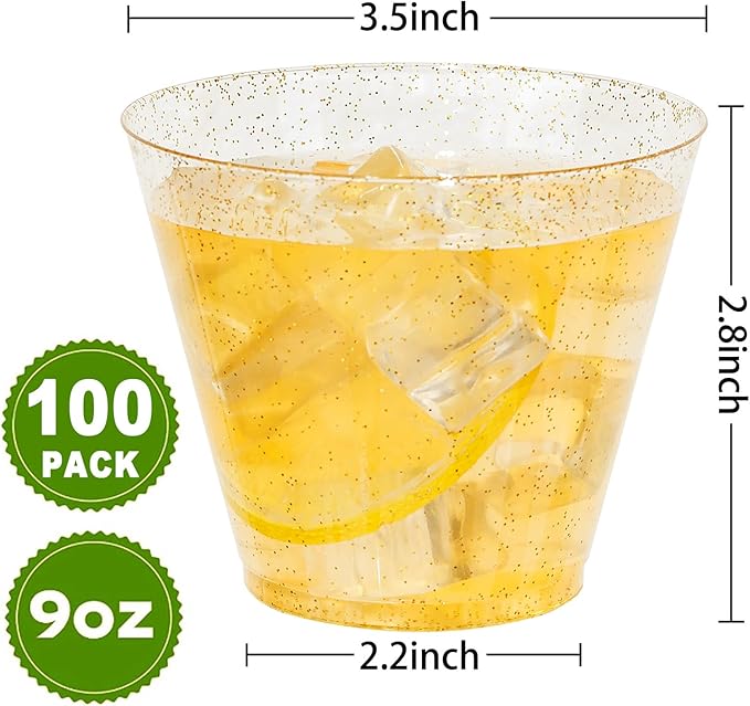 I00000 100pcs Gold Plastic Cups - 9 OZ Hard Gold Glitter Disposable Cups for Cocktail And Drinking - Premium Disposable Plastic Cups with Gold Glitter for Fancy Wedding & Elegant Party Cups