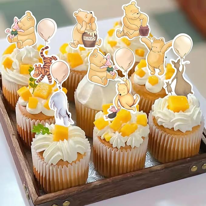 48 Pcs Winnie Cupcake Toppers Classic Baby Shower Decorations Cute Cake Decorations Oh Baby Newborn Party Favors Boys and Girls First Birthday Supplies