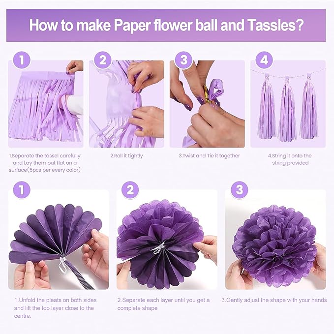 Upgraded Rose Gold Purple Birthday Party Decorations Kit with Happy Birthday Banner,Swirls Garlands,Tissue Paper Pompoms,Circle Dots Garland,Tassel Garland,DIY Cake Topper