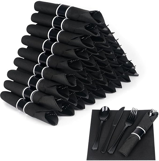 50 Pack Pre Rolled Black Plastic Silverware Set,Wrapped Plastic Cutlery Set with Napkin Include 50 Forks,50 Spoons,50 Knives and 50 Black Napkins for Party,Wedding