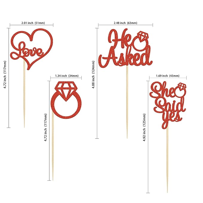 Gyufise 24 Pieces Red Glitter Engagement Cupcake Toppers He Asked She Said Yes Diamond Ring Heart Cupcake Picks for Wedding Bridal Shower Party Cake Decorations