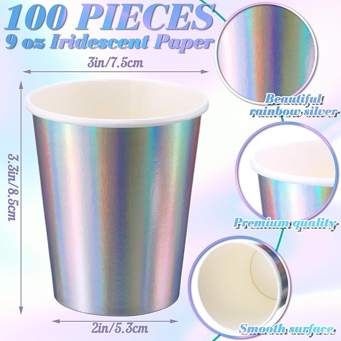 Funtery 100 Pcs Iridescent Paper Cups 9 oz Holographic Disposable Party Cups Beverage Drinkware Supplies for Bachelorette Birthday Disco Baby Shower Mermaid Party Wedding Anniversary Engagement
