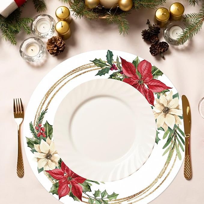 50 Pack Christmas Paper Placemats Disposable Poinsettia Place Mats 13.4 Inch Red Christmas Flower Decorative Round Table Mats for Xmas Winter Birthday Wedding Baby Shower Party Supplies