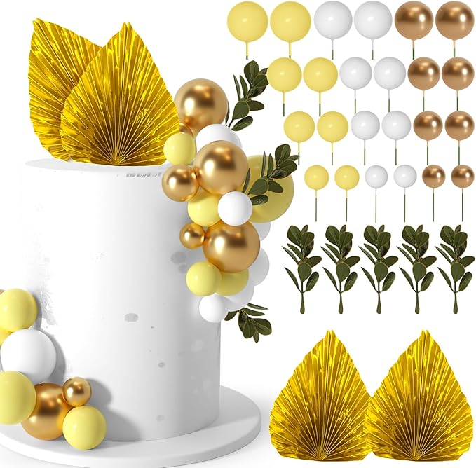 NEBURORA 64 Pcs Balls Cake Toppers and Leaves Decoration Set Mini Balloons for Cake Decorating Supplies Balls Cake decorations for Baby Shower Cake Toppers Birthday Cake Decorations (Yellow Gold)