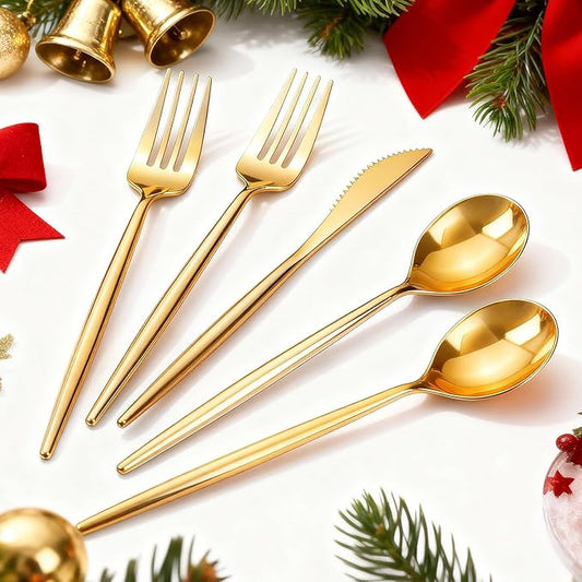 Rubtlamp 90Pcs Christmas Gold Plastic Silverware, Gold Disposable Christmas Utensils, Plastic Cutlery Include 30 Plastic Knives, 60 Forks and Spoons, Fancy Plastic Silverware Heavy Duty for Party