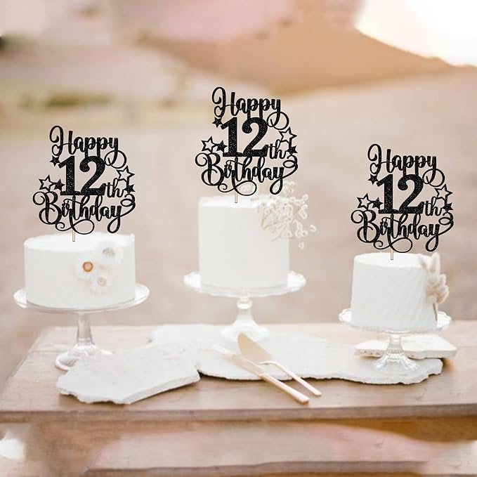 1 PCS Happy 12th Birthday Cake Topper Glitter Cheers to 12 Years Birthday Cake Pick Hello 12 Fabulous Cake Decoration for Happy 12th Birthday Anniversary Party Decorations Supplies Black