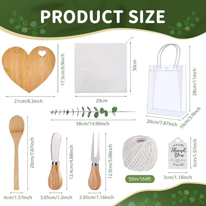 55Pcs Baby Shower Prizes for Game Winners 6 Sets Charcuterie Board with Spoons Butter Spreaders Forks Plaid Towel Thanks Card and Gift Bags for Bridal Shower Favors Party (Heart Shaped)