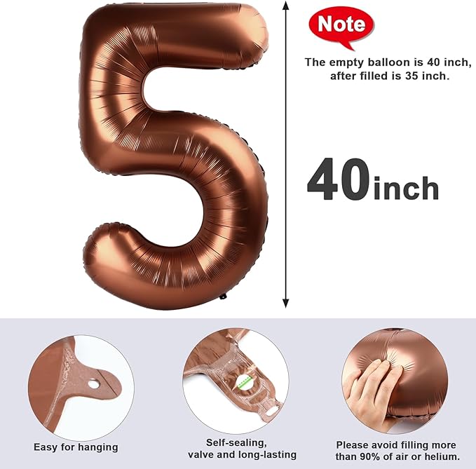 Balloon Number 40 Inch Foil 5 Ballon for 5th Birthday, 5 Year Anniversary Decoration, Mylar Big Balloon for 2025 Graduation Party, 15 25 35 50 Coffee Brown Balloons for Wedding Party Decor