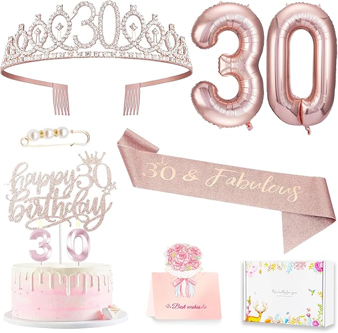 30th Birthday Decorations for Her, 30th Birthday Sash and Crown, Cake Topper and Candles, Pop Up Card, Number Balloons, 30 Year Old Gifts for Women, 10pcs