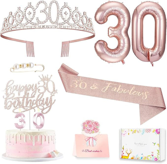 30th Birthday Decorations for Her, 30th Birthday Sash and Crown, Cake Topper and Candles, Pop Up Card, Number Balloons, 30 Year Old Gifts for Women, 10pcs