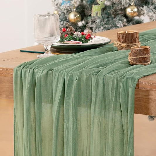 MLMC Sage Green Table Runner 10ft Rustic Gauze Cheesecloth Table Runner Sage Cheese Cloth Centerpiece Decor 35x120 Inches for Boho Wedding Bridal Shower Christmas Party Decor