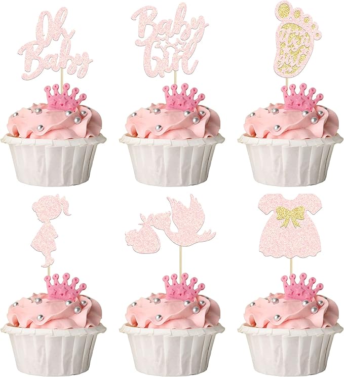 24Pcs Oh Baby Cupcake Toppers Baby Girl Cupcake Toppers with Bow Dress Footprint Swan Light Pink Glitter Babyshower Gender Reveal Cake Picks Decorations for Baby Shower Its a Girl Birthday Party