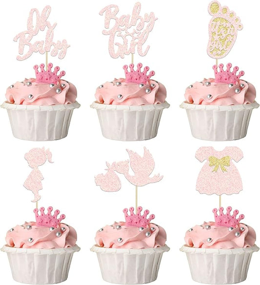 24Pcs Oh Baby Cupcake Toppers Baby Girl Cupcake Toppers with Bow Dress Footprint Swan Light Pink Glitter Babyshower Gender Reveal Cake Picks Decorations for Baby Shower Its a Girl Birthday Party