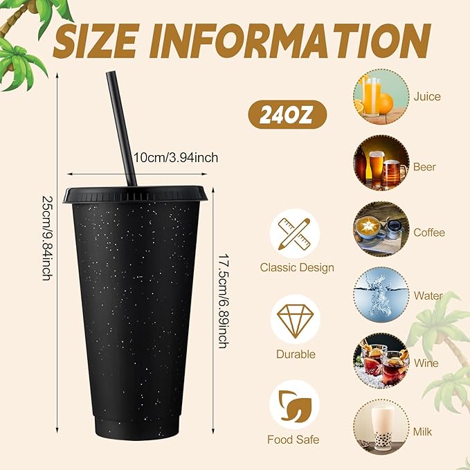 Honeydak 60 Pack Tumbler with Straw and Lid Bulk Cups for Gifts Glitter Plastic Coffee Cups 24-27 oz Reusable Water Bottle Iced Coffee Travel Mug Party Favors for Birthdays Travel (Black)