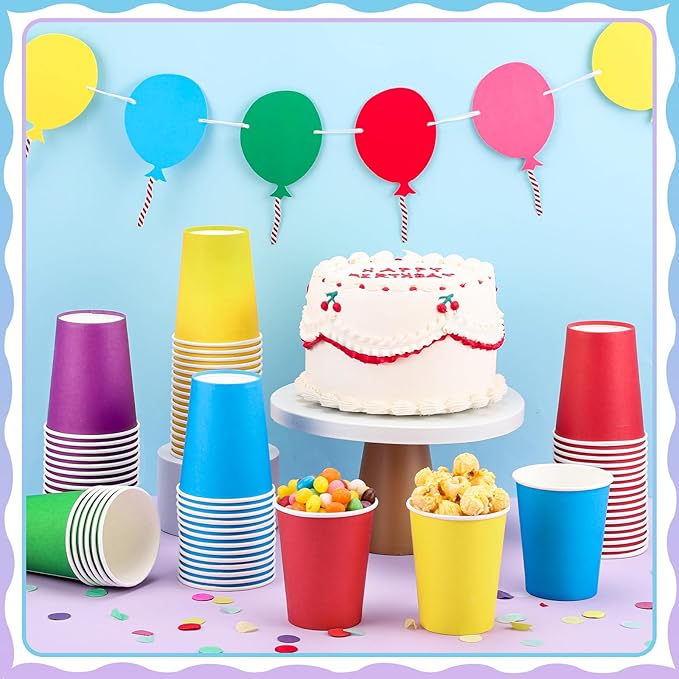 100 Pack Rainbow Paper Cups 9oz Colored Party Cup Disposable Paper Cups Bulk, Drinking Cup for Birthday Holiday Party Supplies, 5 Colors