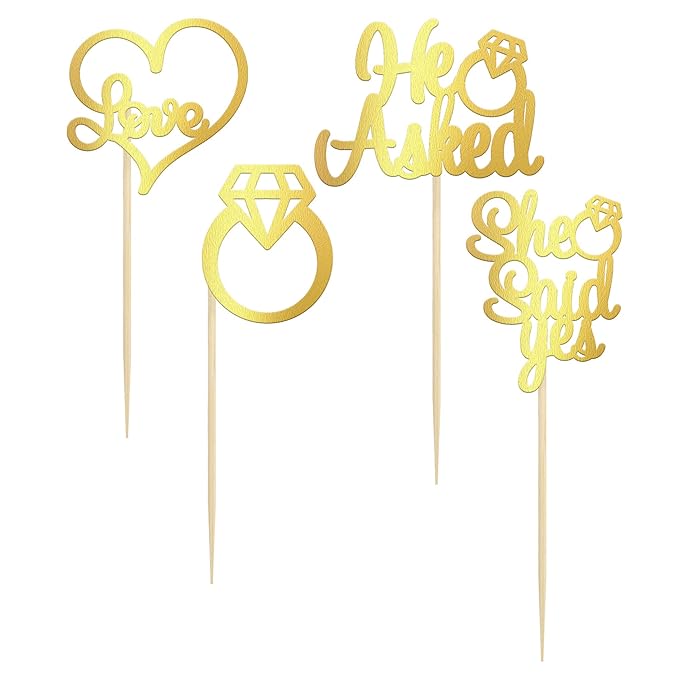 Gyufise 24 Pack Light Gold Glitter He Asked She Said Yes Cupcake Toppers Diamond Ring Heart Love Cake Picks for Wedding Engagement Party Cake Decorations