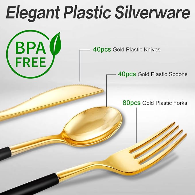 SUT Gold Plastic Silverware (160Pcs) Forks and Spoons Disposable, 80 Gold Plastic Forks, 40 Gold Knives, 40 Gold Spoons, Black and Gold Utensils Set Disposable for Parties, Weddings,New Year