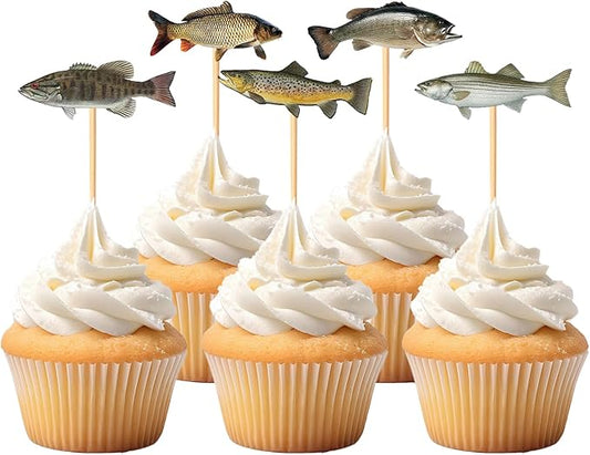 30 pcs Double-Sided Fish Cupcake Toppers Go Fishing Theme Decorations Baby Shower Happy Birthday Party Tropical Party Cake freshwater fish Decoration Supplies